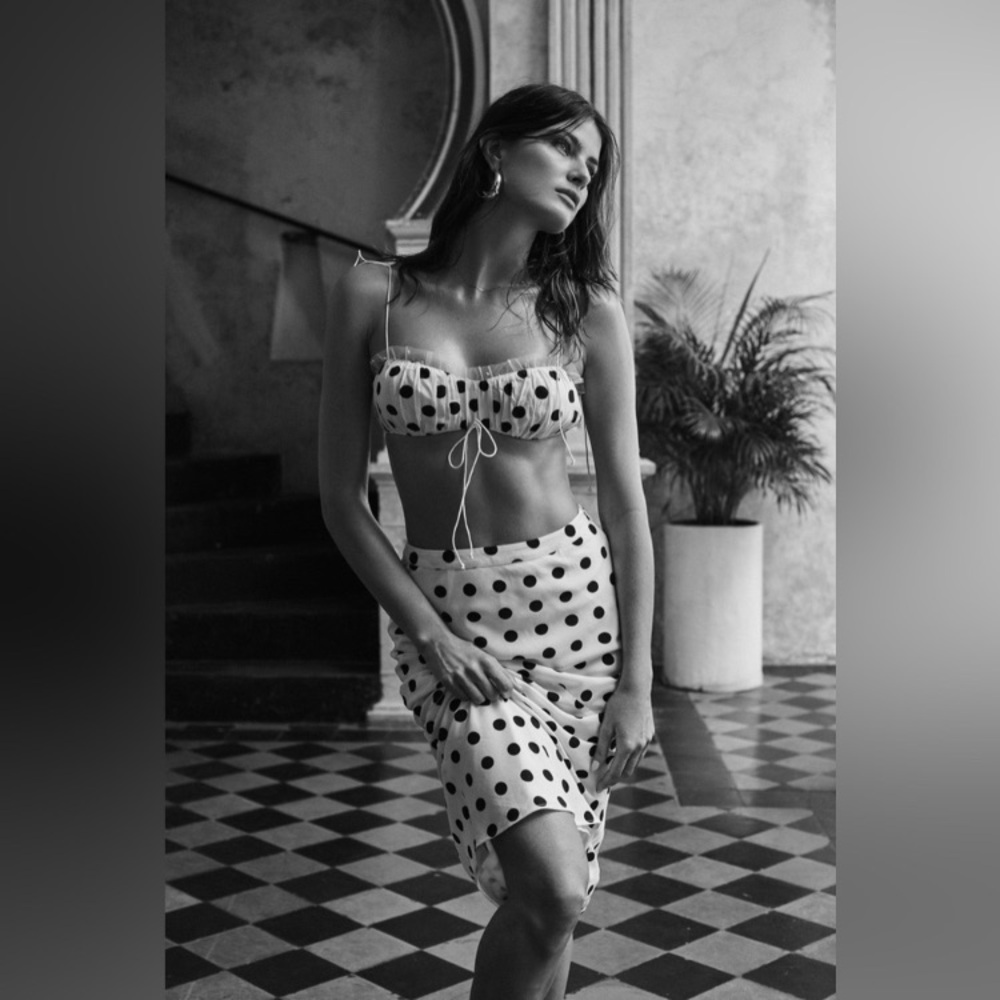 For Love And Lemons White Polka Dot Midi Skirt with Black Spots - Picture 2 of 8